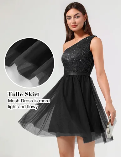 Vista 4 de BeryLove Vestido de lentejuelas para mujer, con purpurina brillante, un hombro, vestido de fiesta, club, vestido de fiesta bodycon vestido