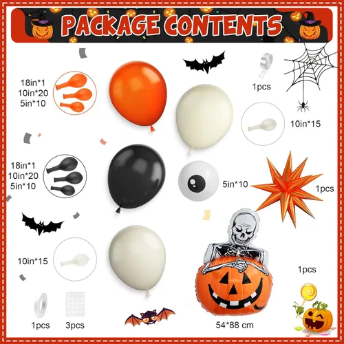 Vista 2 de Kit de arco de globos de Halloween con globos de estrella de explosión de calabaza de aluminio, kit de guirnalda de globos negros, naranjas y beige