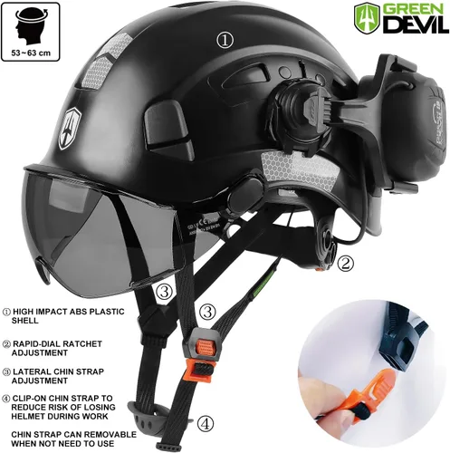 Vista 4 de CASCO DE SEGURIDAD CON VISERA Y OREJERAS BLUETOOTH GREEN DEVIL Casco Duro de Trabajo con Protección Completa, Ventilado, Casco de Construcción ANSI