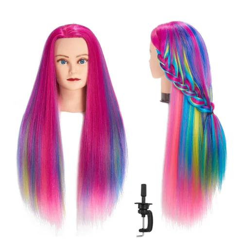 Vista 14 de Cabeza de maniquí 26-28" Cabeza de maniqui de fibra sintética Yaki para peluquería, modelo de entrenamiento de cosmetología, cabeza de muñeca
