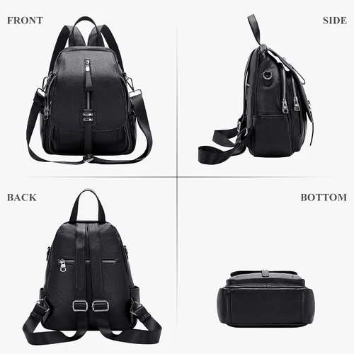 Vista 4 de ALTOSY Mochila de cuero genuino para mujer, bolso de hombro convertible con solapa de hebilla