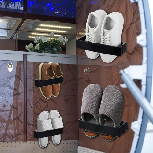 Vista 5 de Zapatero ajustable montado en la pared con tiras adhesivas para colgar, organizador de almacenamiento de plástico para zapatos, perchas para zapatos