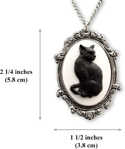 Vista 3 de Real Metal Juego de camafeo de gato negro en plata acabado estaño marco gótico colgante collar, Metal