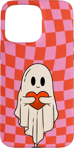 Vista 31 de Funda para iPhone 17 de San Valentín Retro Ghost Hugging Heart Checkerboard Rosa Rojo