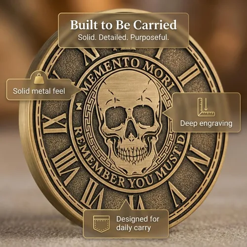 Vista 5 de Memento Mori Medallón de moneda estoicismo, regalo Amor Fati Metal Gold Color Token EDC Challenge Stoic Reminder Colgante Momento Mori Regalo