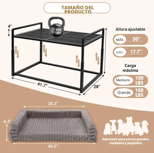 Vista 3 de Cama ajustable para perros grandes, cama elevada para perros con marco de metal, colchón de espuma viscoelástica y funda de pana lavable, cama