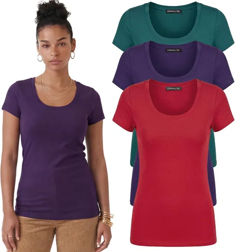 Vista 27 de Emmalise - Camiseta de manga corta para mujer, cuello redondo, estilo básico, pack de valor, tallas junior y grandes