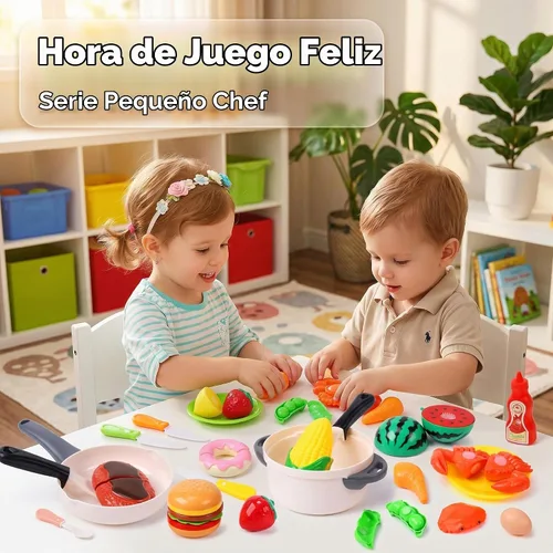 Vista 6 de HOLYFUN - Juego de juguetes de comida con cesta de la compra y frutas para cortar Includes toy pots, pans, plastic dishes and realistic food