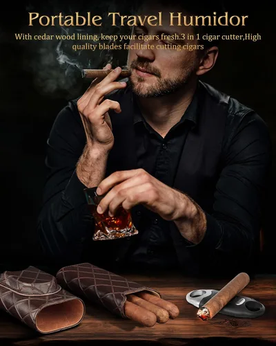 Vista 7 de Caja de cigarros, caja de humidor de viaje con cortador de puros, caja de almacenamiento portátil de cigarros forrada de madera de cedro, guillotina