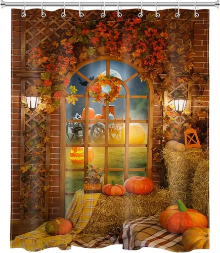 Vista 2 de HVEST Cortina de ducha de calabaza otoñal, hojas de arce, Acción de Gracias, Halloween, noche, calabaza, farol, cuervo, luna llena, juego de cortina