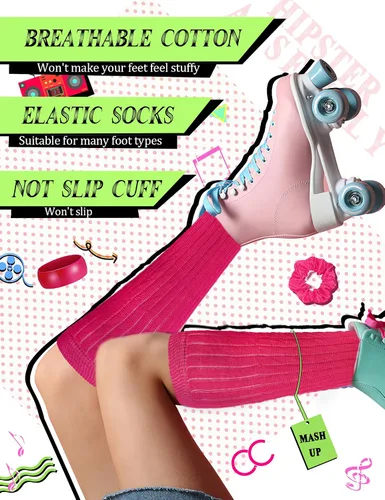 Vista 2 de 4 piezas de accesorios de los años 80 y 90 para mujer, calcetines de neón slouch Scrunch de los años 80, calentadores de piernas pesados, suaves