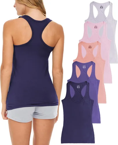 Vista 17 de Sexy Basics Paquete de 5 camisetas sin mangas PowerFlex con espalda nadadora para mujer / Camisetas sin mangas elásticas de algodón y elastano