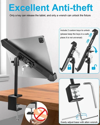 Vista 3 de Soporte antirrobo para tableta de escritorio para tableta de 9-14 pulgadas, soporte giratorio de 360° para tabletas POS con doble bloqueo