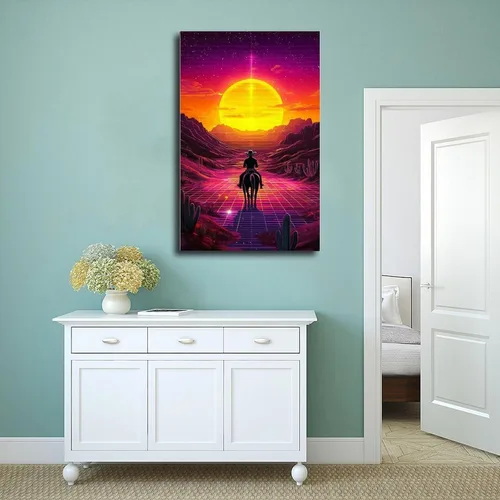 Vista 4 de Vaporwave Cowboy Poster – 80s Synthwave Wall Art, Surreal Western Room Decor Modern Wall Prints Abstract Geometric Minimalist Art Framed Canvas