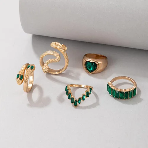 Vista 4 de Anillos de serpiente de cristal verde para mujeres y adolescentes, conjuntos de anillos de dedo apilables estilo bohemio, retro, anillos simples a