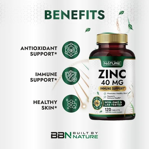 Vista 4 de Built By Nature Zinc 40 mg – Apoyo inmunológico de alta potencia y suplemento antioxidante – Promueve la salud de la piel y la curación de heridas