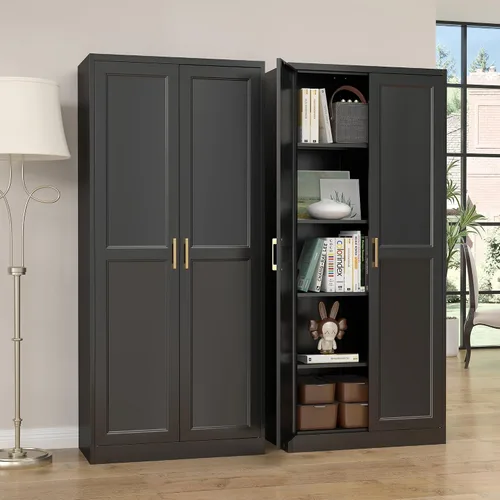 Vista 2 de SteeLoong - Armario de despensa de cocina, armario de almacenamiento de metal negro de 71" con puertas y 4 estantes ajustables, gabinete de cocina