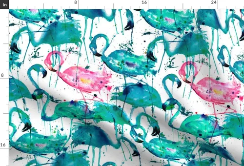 Vista 3 de Spoonflower Tela: verde azulado, rosa, flamencos, salpicaduras, acuarela, pájaros, verano, tropical, estampado en tela de gasa de cuarto grueso