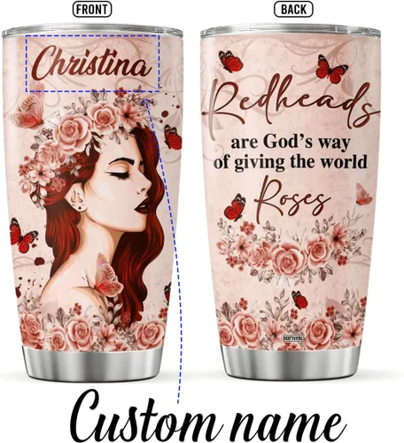 Vista 2 de Vaso de café personalizado, taza de viaje floral de cabeza roja con tapa, nombre personalizado, regalos de cumpleaños para mujeres, amigos, mamá