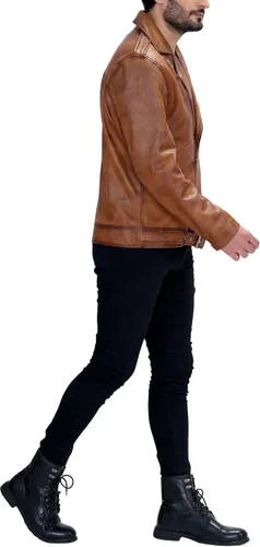 Vista 4 de Hide Fusion Chaqueta de cuero de oveja genuina retro para hombre, color marrón envejecido, estilo café, racer, carreras, velocidad