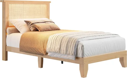 Vista 3 de coucheta Base de cama de ratán individual con cabecera de ratán natural, marco de cama individual con luces LED, cama con cabecero, patas de cama
