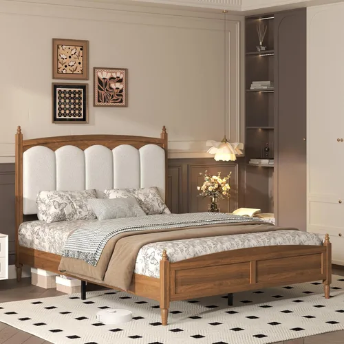 Vista 3 de Base de cama de madera tamaño Queen, cabecero copetudo de tela de peluche, sin ruido, cama de plataforma resistente de 800 libras con soporte