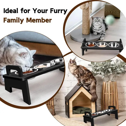 Vista 7 de Tazón Elevado de Bambú para Comida de Gatos, 3 Cuencos Elevados de Acero Inoxidable para Gatos con Soporte, Cuenco Inclinado 15° para Perros