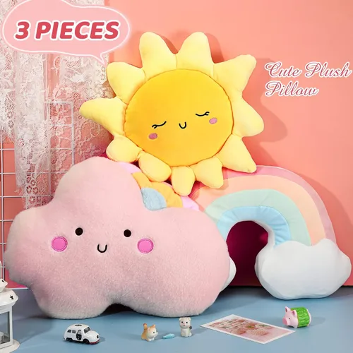 Vista 2 de Queekay Juego de 3 cojines de felpa suave para niños, luna y estrella, almohada de felpa suave para guardería, bonita almohada para habitación