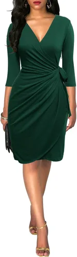 Vista 3 de Berydress - Vestido clásico con manga 34 y cuello en V para mujer, entubado cruzado simulado, informal, para fiestas y para ir al trabajo