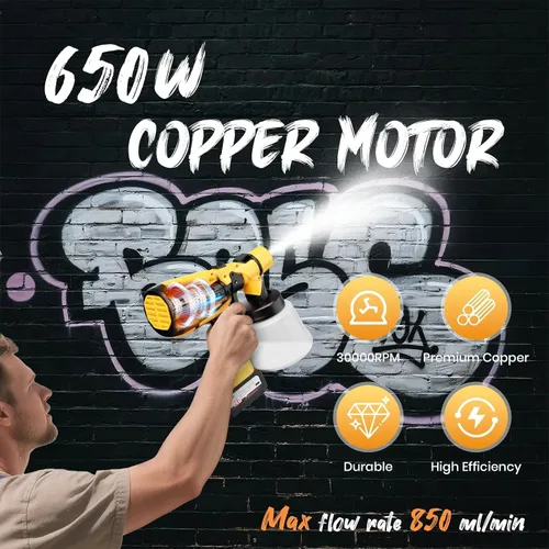 Vista 2 de Pulverizador de pintura inalámbrico con 2 baterías, kit de pistola de pintura manual HVLP de 650 W de 21 V, 6 boquillas y 3 patrones