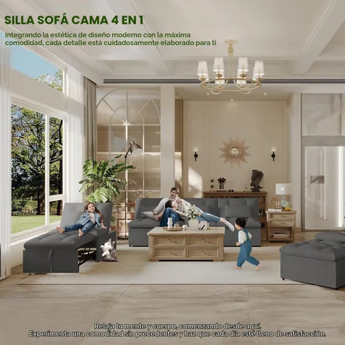 Vista 3 de Silla Cama Convertible 4 en 1 con Respaldo Ajustable, Almohadas, Sofá Cama Futón con Bolsillo Lateral, Silla Sofá Cama Desplegable, Sofás