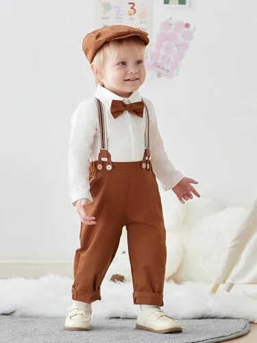 Vista 5 de SALNIER Conjunto de ropa de traje de bebé niño esmoquin trajes de caballero trajes de corbatín camisa tirantes pantalones boina sombrero