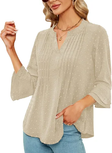 Vista 2 de Blusas de gasa para mujer, manga 34, cuello en V, plisadas, con volantes, lunares suizos, blusas de trabajo para mujer, linda camisa de verano