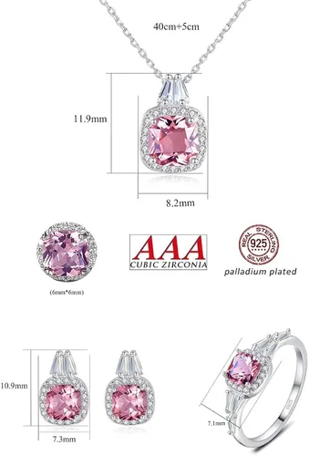 Vista 6 de Anillo de plata de ley 925 con circonita cúbica y halo de morganita simulada para mujer, circonita cúbica, corte cuadrado, piedra preciosa rosa nano