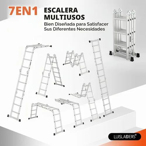 Vista 2 de LUISLADDERS Escalera plegable Extensión de aluminio multiusos 7 en 1 escalón resistente combinación EN 131 estándar (12.5 pies)