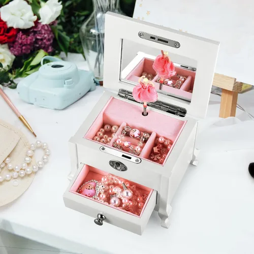 Vista 5 de Jozen Gift Joyero musical pequeño de bailarina con espejo para niñas, caja de música blanca para almacenamiento de joyas para niños, organizador
