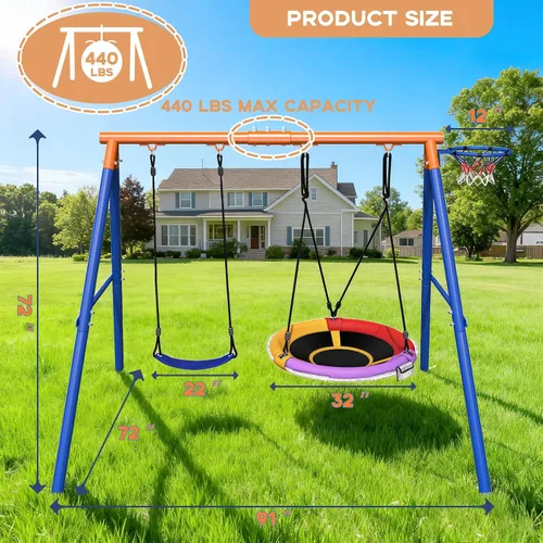 Vista 3 de Juego de columpios 3 en 1 con columpio de disco volador para patio trasero, juegos de 440 libras para patio trasero, juego de columpios para niños