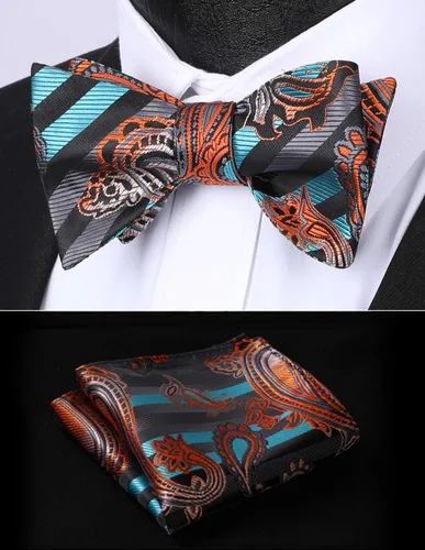 Vista 225 de HISDERN Pajaritas para hombre, corbatín de cachemira para hombre, corbata de lazo y bolsillo cuadrado, juego formal de esmoquin para boda