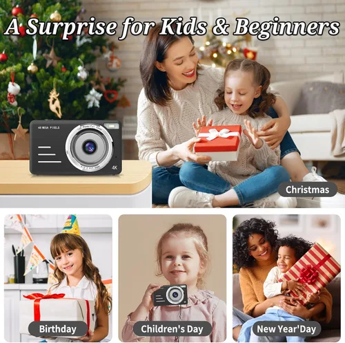 Vista 6 de Cámara digital FHD 1080P para niños, 48MP apunta y dispara, con una tarjeta de 64 GB, zoom 16X, antivibraciones, cámara pequeña compacta para niños