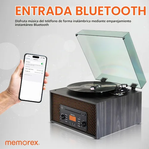 Vista 3 de Memorex MX-TT700 Centro de música de madera nostálgico 7 en 1 CD/MP3, USB, Bluetooth Tocadiscos, AM/FM, entrada AUX Grabar a USB, pantalla