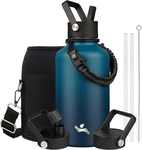 Vista 122 de Konokyo - Botella de agua aislada de 18 onzas, botellas deportivas de acero inoxidable con 3 tapas, verde militar