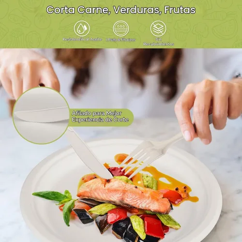 Vista 5 de Fuyit 250 platos de papel compostables con juego de cubiertos, utensilios desechables biodegradables largos ecológicos incluye platos, tenedor Juego