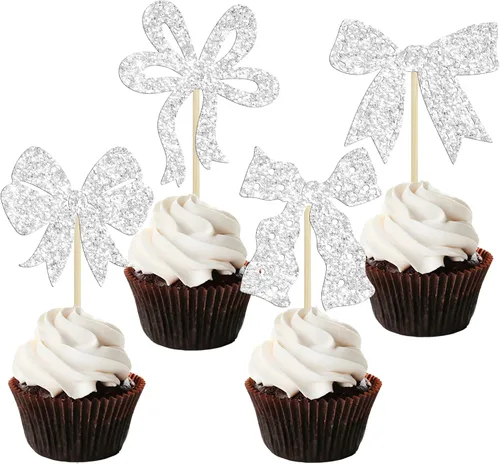 Vista 14 de Ephlyn 24 adornos para cupcakes con lazo para decoración de pastel de cumpleaños, decoración de fiesta de cumpleaños para niñas, decoración de Negro