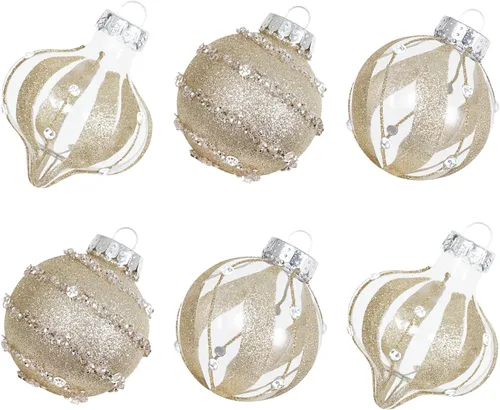 Vista 23 de XmasExp - Juego de adornos de bola de Navidad, 2.76 pulgadas, grandes, inastillables, transparentes, con brillantina, decoración de árbol de Beige
