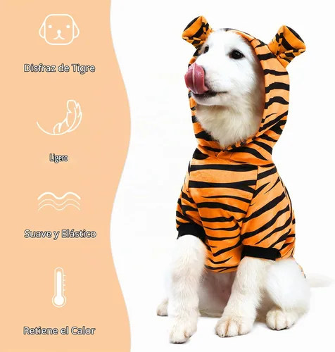 Vista 6 de Disfraz de tigre de Halloween para perro, divertido uniforme de gato, tigre, ropa de cosplay para perros pequeños a medianos (S)