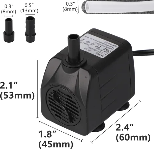Vista 2 de alizzy Bomba de agua sumergible pequeña y duradera de 150 GPH (570L/H) 10 W con tubo para fuente, acuario, estanque, pecera, hidroponía