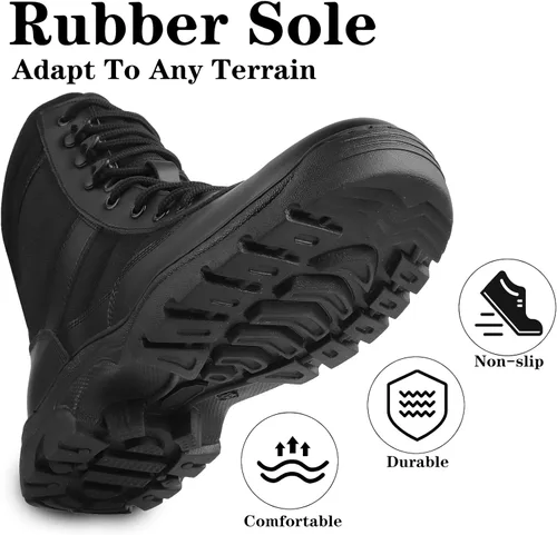 Vista 4 de Botas tácticas militares de combate para hombre, con cremallera lateral, botas de trabajo para el ejército y la policía, antideslizantes para tareas
