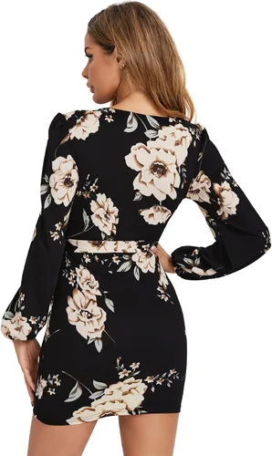 Vista 2 de Floerns Vestido corto de manga larga con cuello en V y estampado floral para mujer