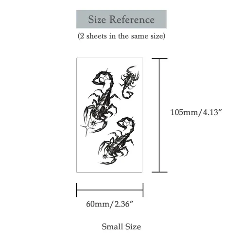 Vista 5 de 2 hojas de tatuajes temporales pequeños de escorpión para adultos, tatuajes falsos de escorpión negro, arte corporal impermeable de larga duración