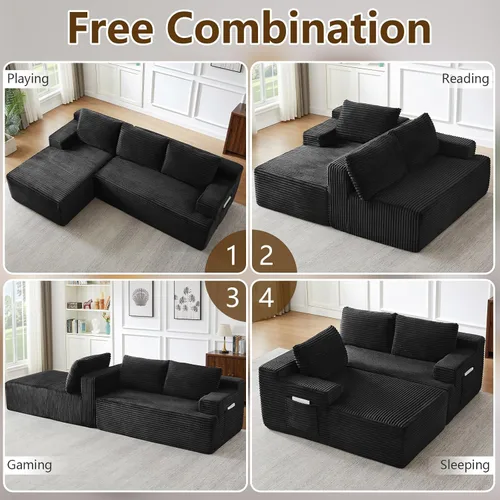 Vista 8 de Sofá seccional Cloud de 96 pulgadas, sofá deshuesado para sala de estar, sofá modular con asiento profundo, sofá de pana cómodo y esponjoso con Negro